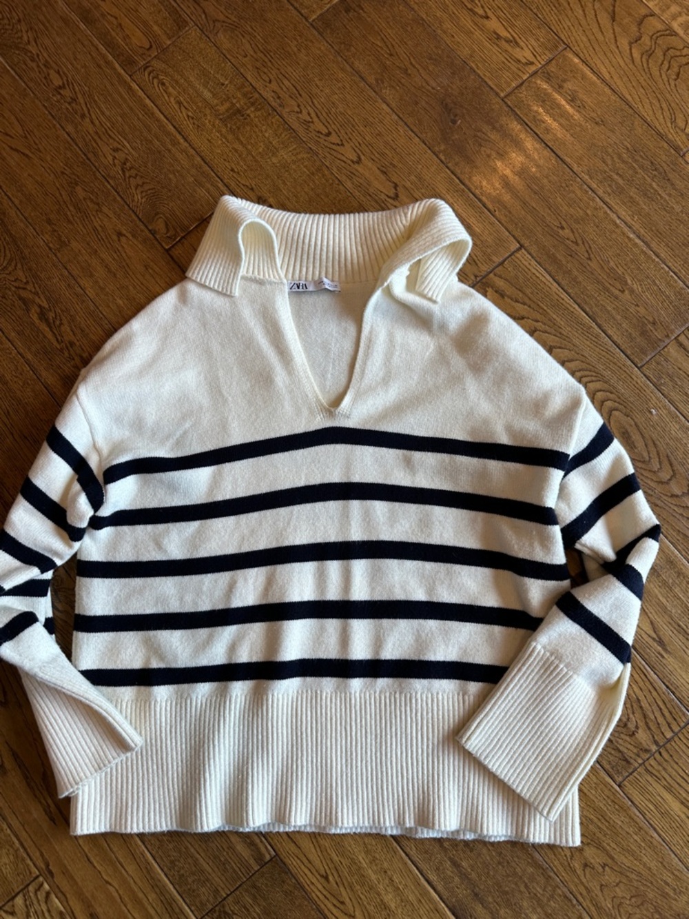 Zara Cream and blue Striped Polo-Style Sweater medium